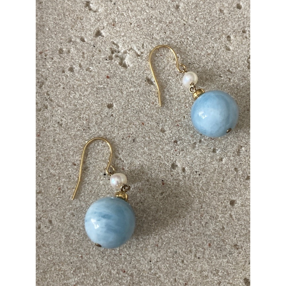 Romantic Blue Ball Dangle Earrings Amazonite Stone Whimsical‎ Classic Faux Pearl